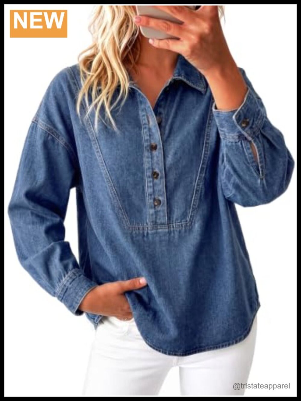 Denim Button Down Shirt with Puff Sleeves - Cotton Blend Casual Top